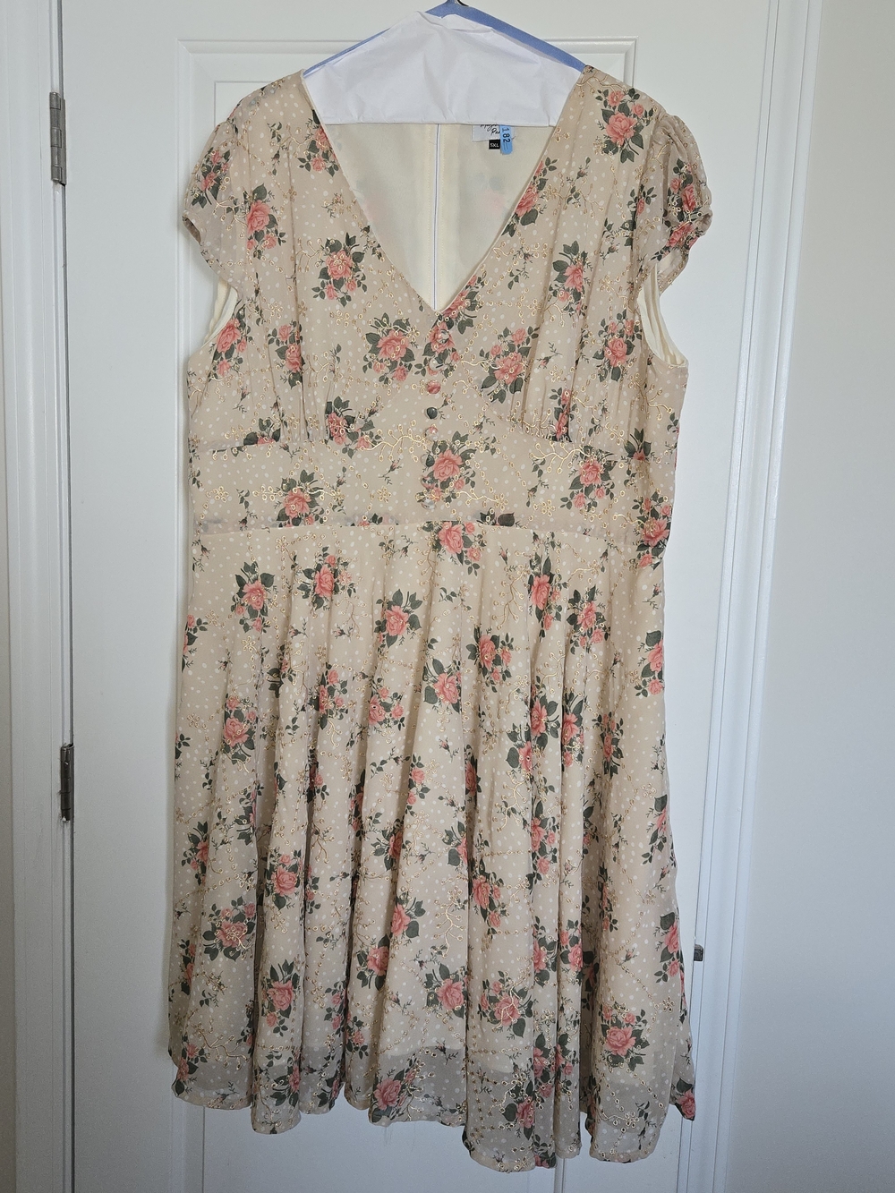 Magnolia Park Cream Chiffon Eyelet V-neck Dress With Peach Roses